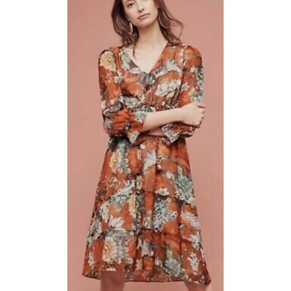 Anthropologie Hemant & Nandita Zeri Dress Brown Floral Tiered Ruffle Sleeve boho - Picture 1 of 15
